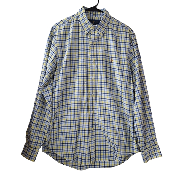 Ralph Lauren Men Sz M Classic Fit Yellow Blue Check Button-Down Shirt Flesh Pony - Picture 2 of 15